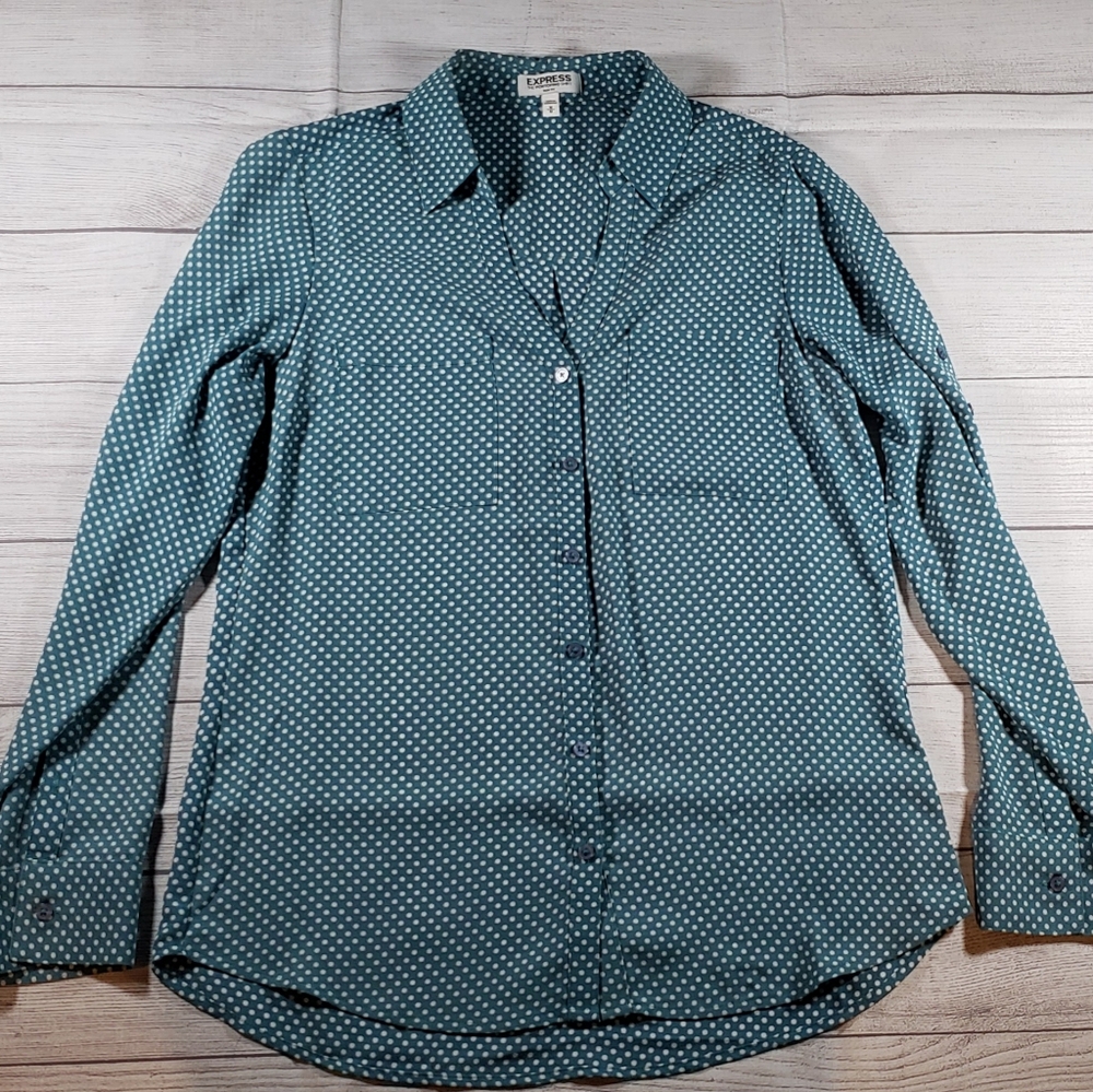 Express Teal and White Polka Dot Blouse